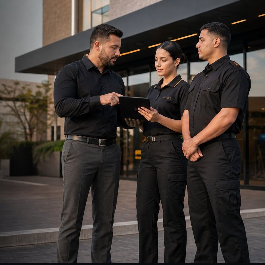 Equipe de segurança em atendimento corporativo